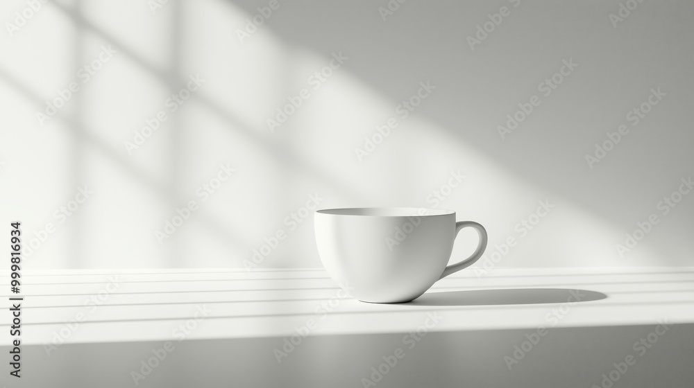 Single White Cup on Clean White Table with Subtle Shadow in Minimalist Setting Single White Cup on Clean White Table with Subtle Shadow in Minimalist Setting