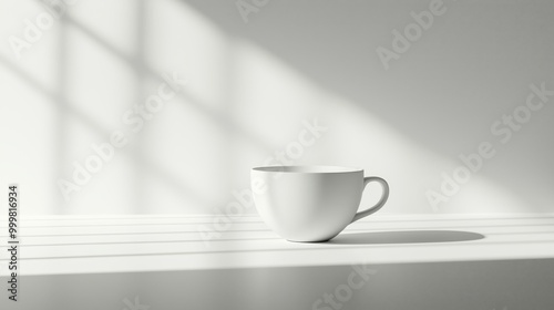 Single White Cup on Clean White Table with Subtle Shadow in Minimalist Setting