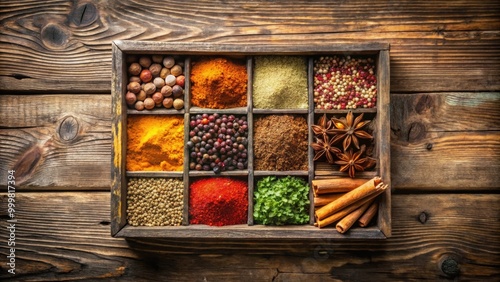 Fototapeta Naklejka Na Ścianę i Meble -  Indian spices box with seven containers on rustic wooden table, top view, Indian, spices