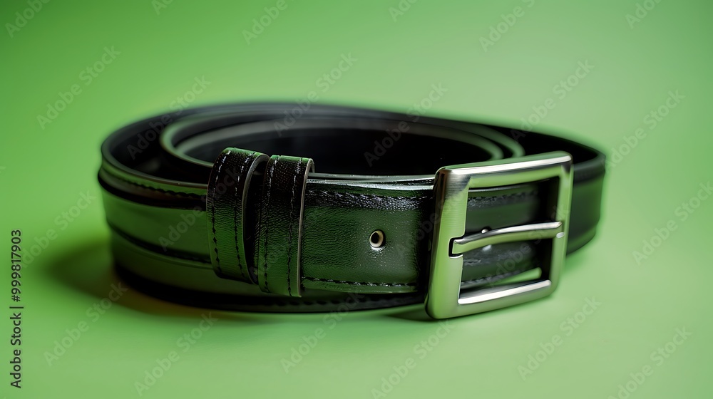Close up black mens belt isolated on green background Close up black mens belt isolated on green background