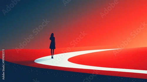Woman Silhouette on a Curved Path Towards a Red Horizon