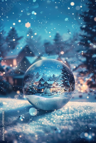 Snow Globe Capturing a Snowy Night with a House in the Background