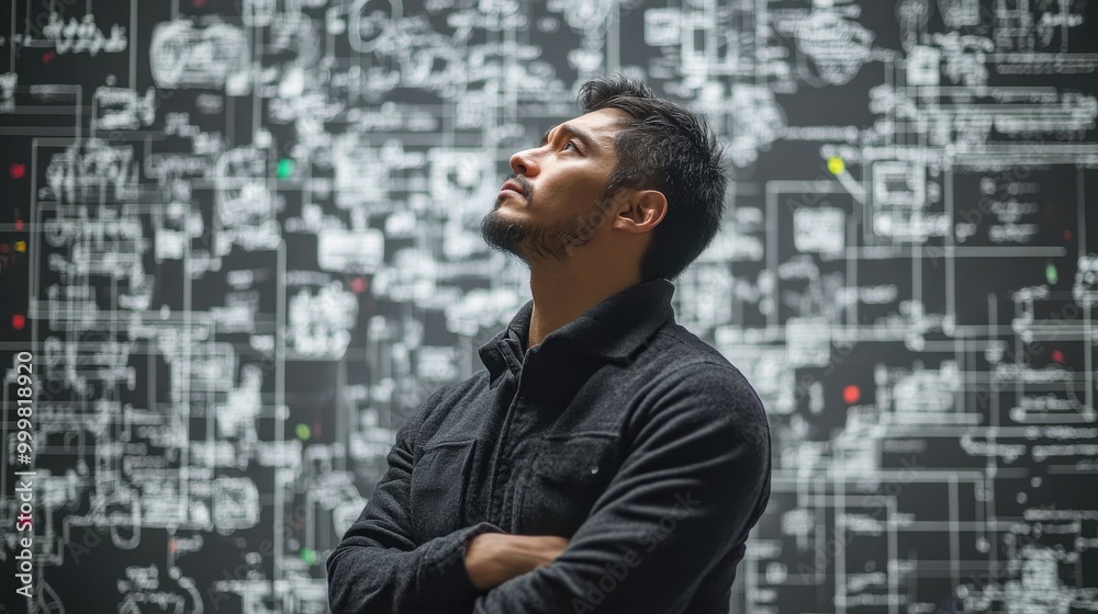 Man Thinking in Front of a Whiteboard Filled with Sketches Man Thinking in Front of a Whiteboard Filled with Sketches