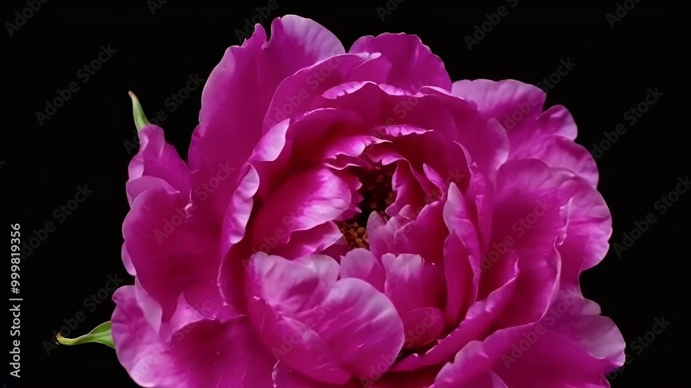A single pink peony flower with green leaves against a black background. A single pink peony flower with green leaves against a black background.