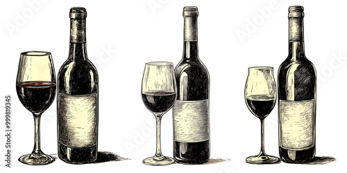 set of vintage wine bottle with glass engraved illustration isolated on transparent background