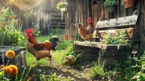 Chickens and a rooster walking in the backyard of a farmhouse. 