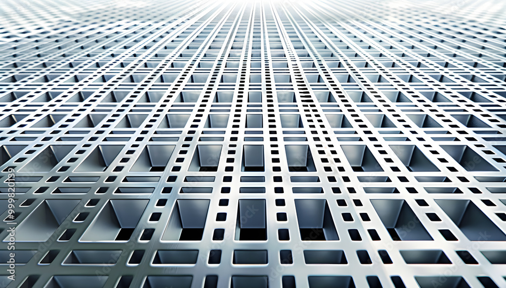 Abstract close-up of a metallic grid pattern, featuring small squares and a sleek, modern design that creates a sense of depth and perspective. Abstract close-up of a metallic grid pattern, featuring small squares and a sleek, modern design that creates a sense of depth and perspective.