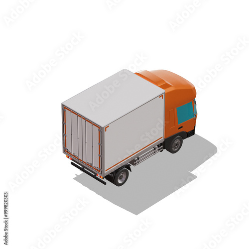 3D Isometric Cargo Truck Photoreal Vector Illustration Modern Orange Cabine and White Van City Delivery Vehicle 4x2 Design for Logistics and Transport Presentation Social Media Video Promo Back Right photo