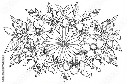 Intricate floral illustration featuring a variety of blooms and lush leaves, perfect for coloring enthusiasts and nature lovers.
