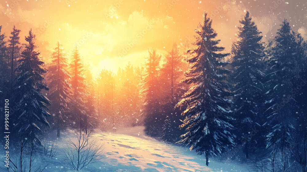 Enchanting digital painting of snow-covered forest with glowing warm sunset in vibrant orange and blue Enchanting digital painting of snow-covered forest with glowing warm sunset in vibrant orange and blue