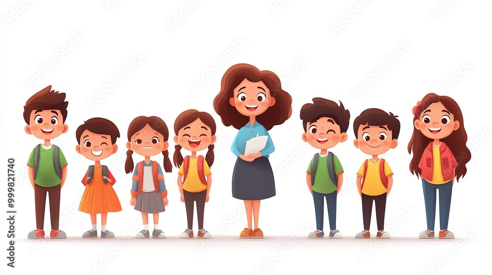 Fototapeta premium Adorable cartoon boy and girl students with a female teacher, all smiling and isolated on a white background, School Children and Teacher, Fun and learning atmosphere