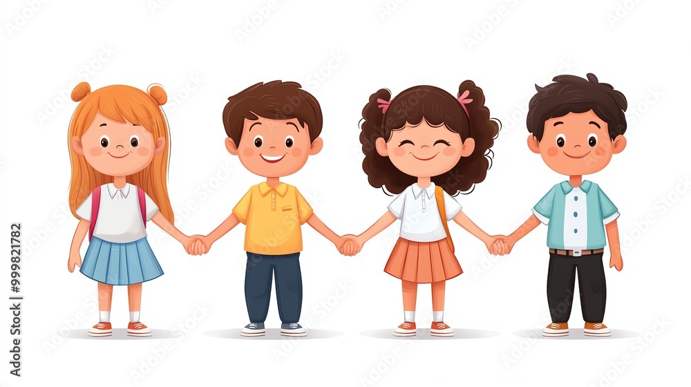 Adorable cartoon boy and girl students holding hands, with smiling teachers in the background, on a white backdrop, Cute School Kids and Teachers, Classroom fun Adorable cartoon boy and girl students holding hands, with smiling teachers in the background, on a white backdrop, Cute School Kids and Teachers, Classroom fun