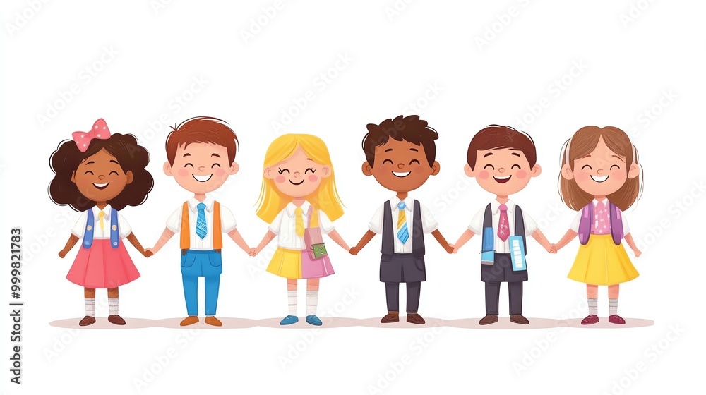 Adorable cartoon boy and girl students holding hands, with smiling teachers in the background, on a white backdrop, Cute School Kids and Teachers, Classroom fun Adorable cartoon boy and girl students holding hands, with smiling teachers in the background, on a white backdrop, Cute School Kids and Teachers, Classroom fun