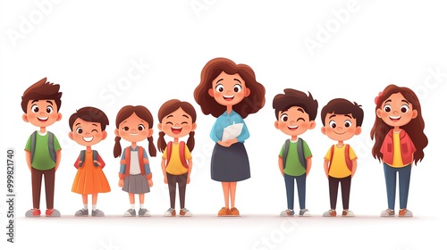 Adorable cartoon boy and girl students with a female teacher, all smiling and isolated on a white background, School Children and Teacher, Fun and learning atmosphere