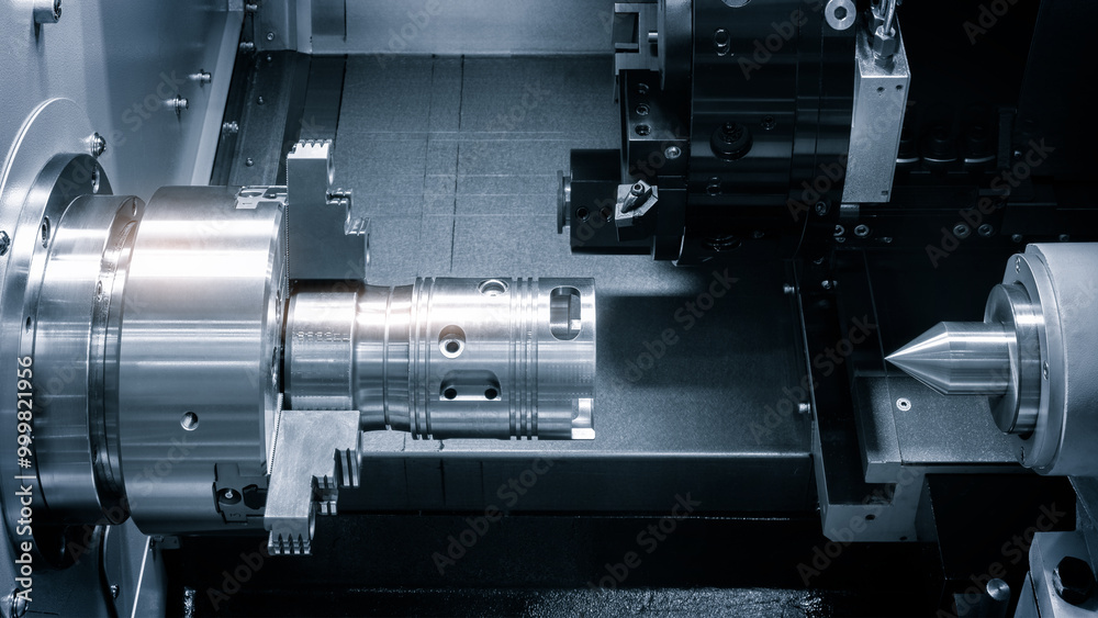 Manufacturing CNC professional lathe machine, Industrial concept.