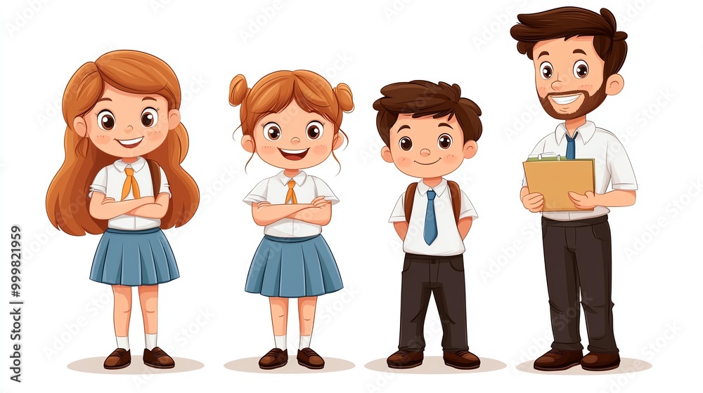 Cartoon of a male and female teacher with two smiling schoolchildren in uniforms, isolated on white, Teachers and Students, Friendly classroom setting Cartoon of a male and female teacher with two smiling schoolchildren in uniforms, isolated on white, Teachers and Students, Friendly classroom setting