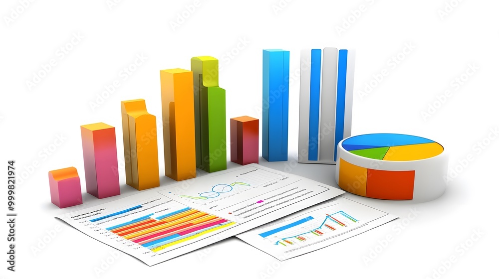 bar graph, pie chart and report paper isolated on white. 