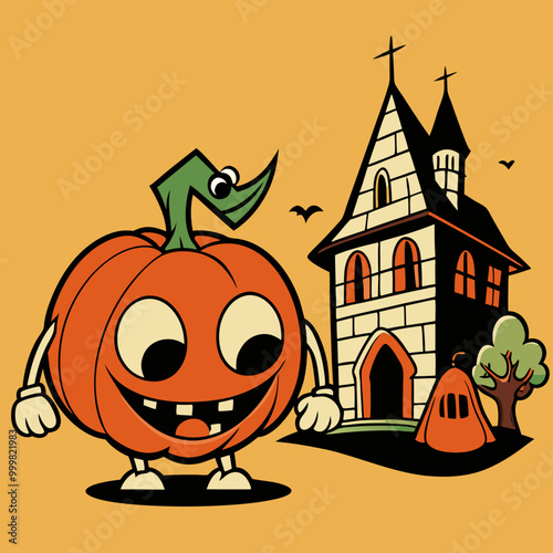 Horror pumpkin and haunted house illustration vintage vector 