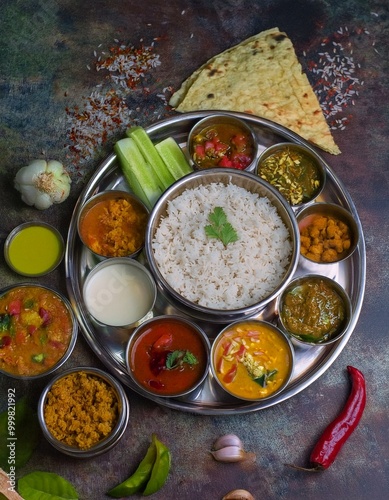 Indian festive vegan and vegetarian thali- spread of small dishes. Beautiful exotic setting, glamorous servingware photo