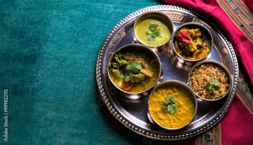 Indian festive vegan and vegetarian thali- spread of small dishes. Beautiful exotic setting, glamorous servingware photo