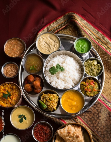 Indian festive vegan and vegetarian thali- spread of small dishes. Beautiful exotic setting, glamorous servingware photo