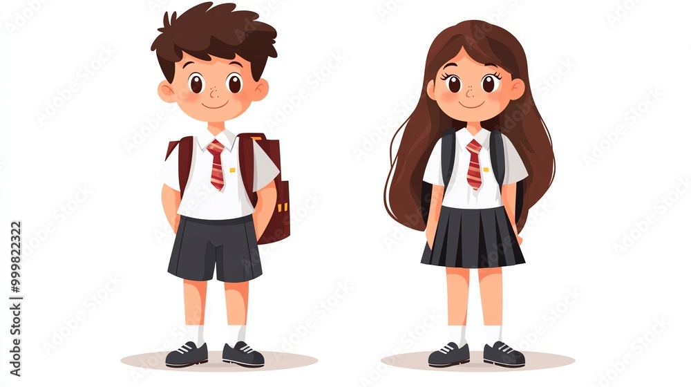 Fototapeta premium Flat illustration of cute boy and girl students in school uniforms, standing together on a white background, Cute School Kids, Adorable school theme