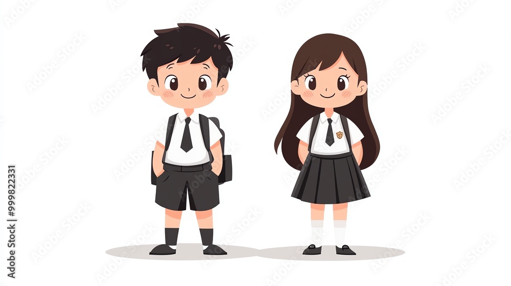 Flat illustration of cute boy and girl students in school uniforms, standing together on a white background, Cute School Kids, Adorable school theme Flat illustration of cute boy and girl students in school uniforms, standing together on a white background, Cute School Kids, Adorable school theme