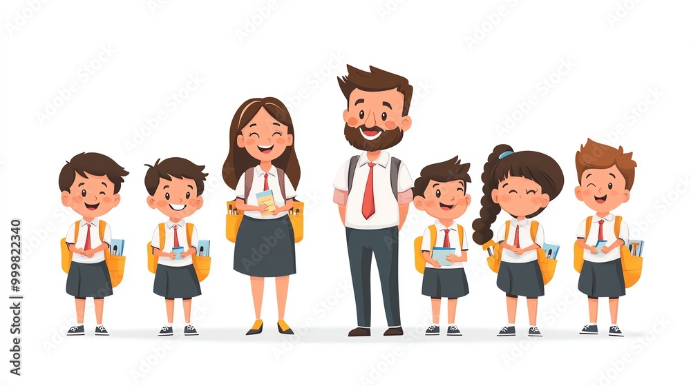 Obraz premium Flat of a cute male and female teacher with smiling schoolchildren in uniforms, on a white background, Teachers and Students, Fun and learning theme