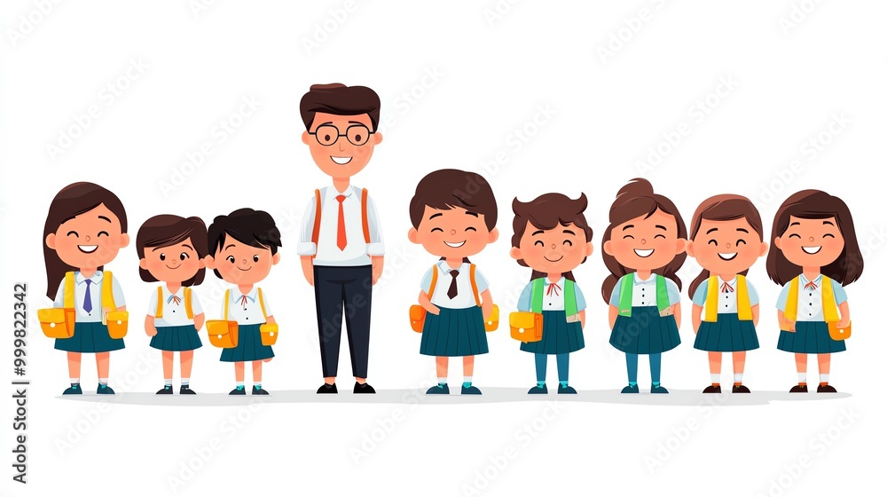 Flat of a cute male and female teacher with smiling schoolchildren in uniforms, on a white background, Teachers and Students, Fun and learning theme Flat of a cute male and female teacher with smiling schoolchildren in uniforms, on a white background, Teachers and Students, Fun and learning theme