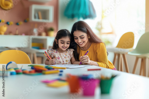 indian mother and daughter coloring in an activity book photo