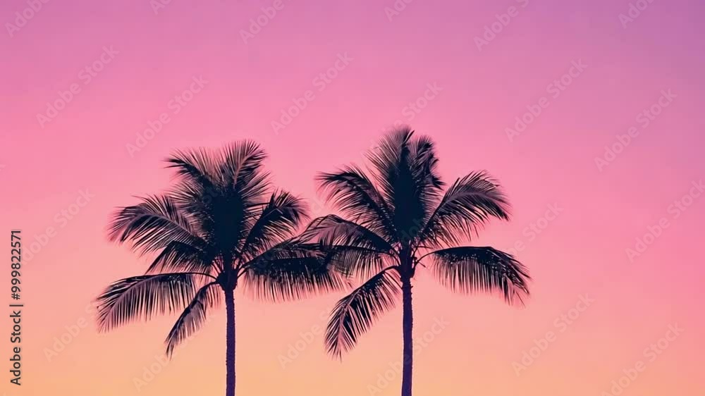 Copy space pink tropical palm leaves tree on sunset pink sky and orange glow light abstract background. Summer vacation and nature travel adventure concept. Vintage tone filter effect color style. 4k Copy space pink tropical palm leaves tree on sunset pink sky and orange glow light abstract background. Summer vacation and nature travel adventure concept. Vintage tone filter effect color style. 4k