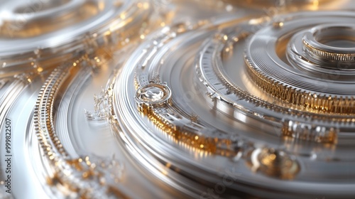 Gleaming, metallic circular discs in silver and gold, rotating in layers like abstract mechanical gears photo