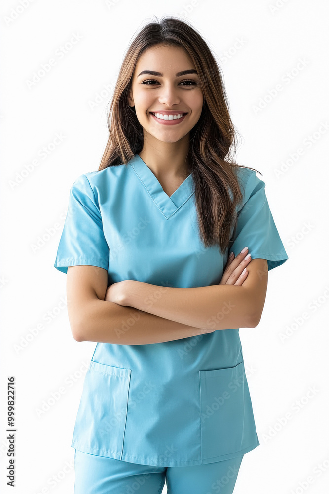 young indian female dentist standing on white background