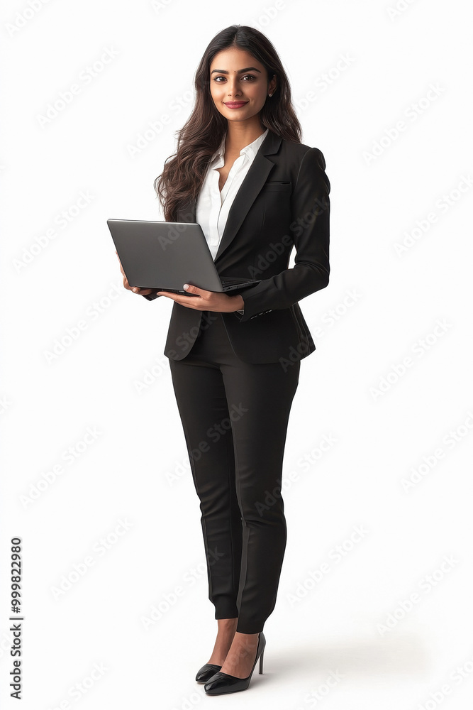 young indian business woman holding laptop on white background young indian business woman holding laptop on white background