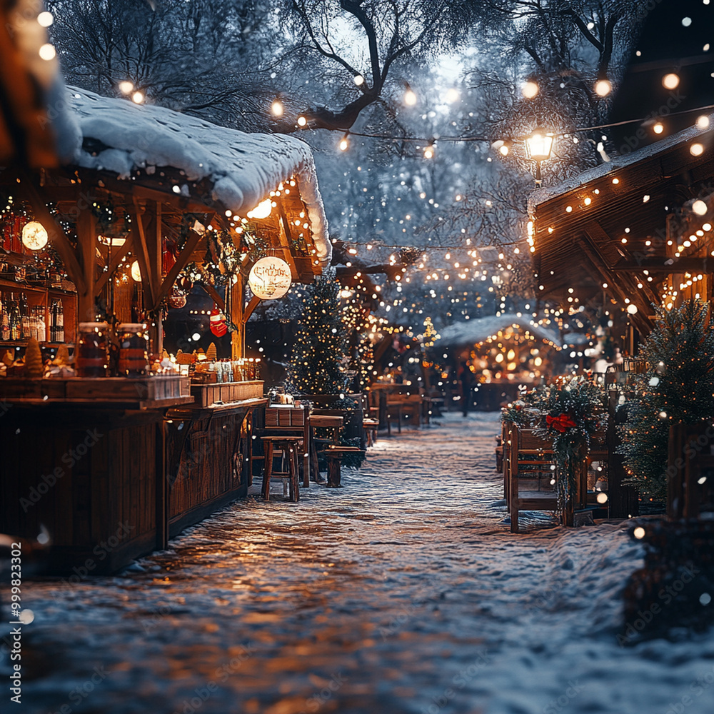 A charming winter scene captures Christmas party atmosphere with snow covered paths, twinkling lights, and festive decorations. cozy setting invites joy and celebration A charming winter scene captures Christmas party atmosphere with snow covered paths, twinkling lights, and festive decorations. cozy setting invites joy and celebration