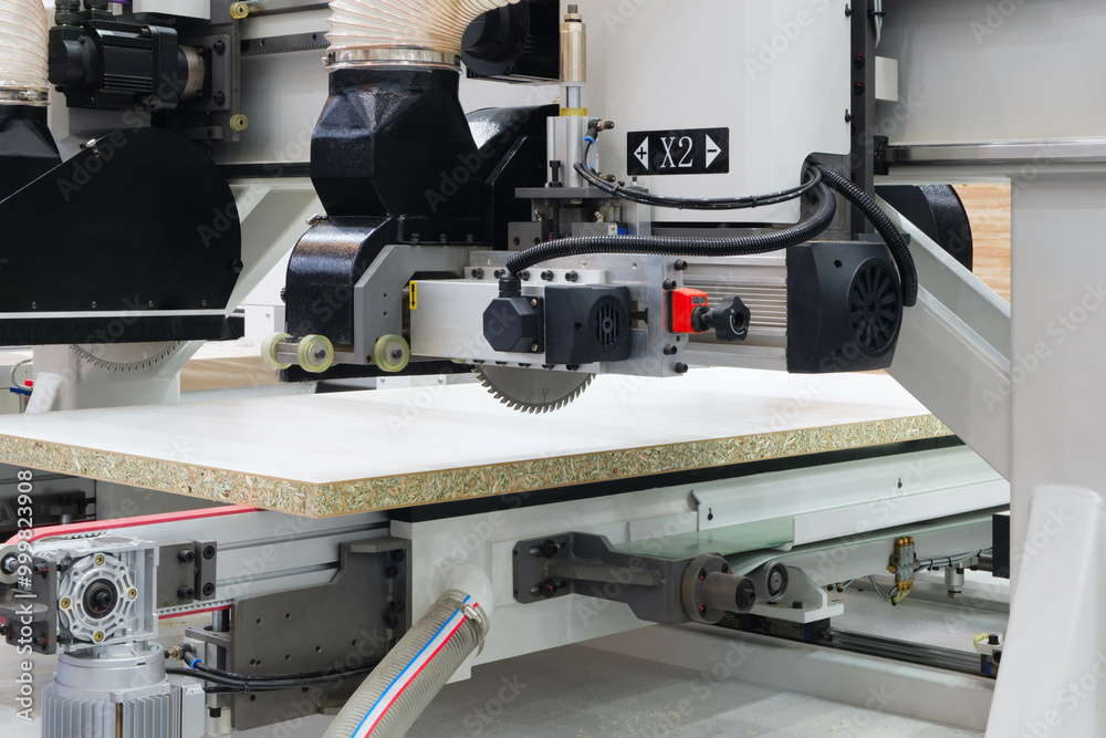 Woodworking factory with big machine for cutting chipboard wood boards, machines and machinery for the production of furniture and wooden products Woodworking factory with big machine for cutting chipboard wood boards, machines and machinery for the production of furniture and wooden products