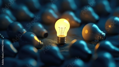 Brightly lit light bulb amidst dim bulbs, symbolizing a standout idea in a sea of mediocrity photo