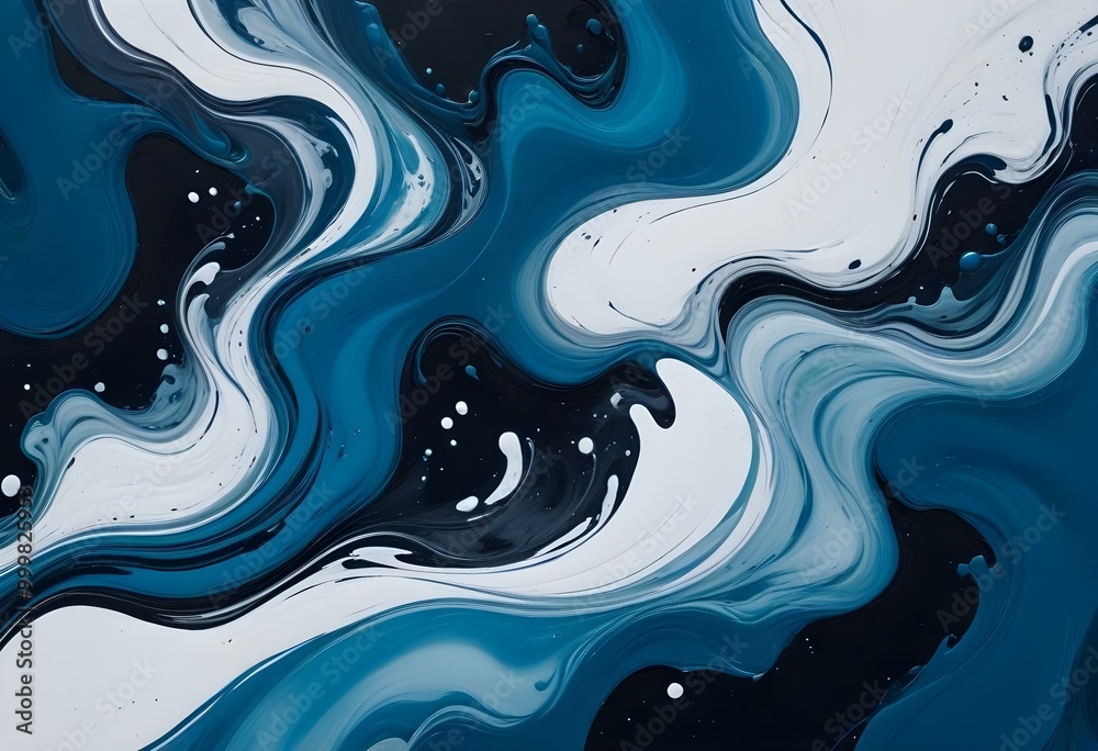 Swirling abstract fluid art with waves of teal, white, and black paint