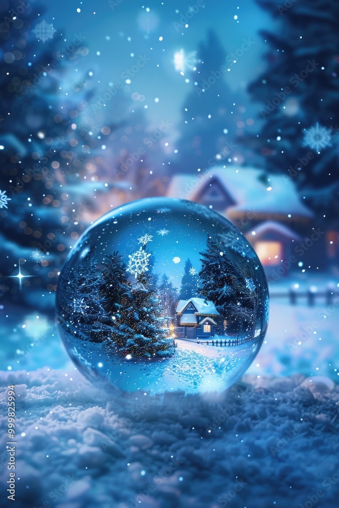 Crystal Ball Reflecting a Snowy Winter Scene with a House and Trees Crystal Ball Reflecting a Snowy Winter Scene with a House and Trees