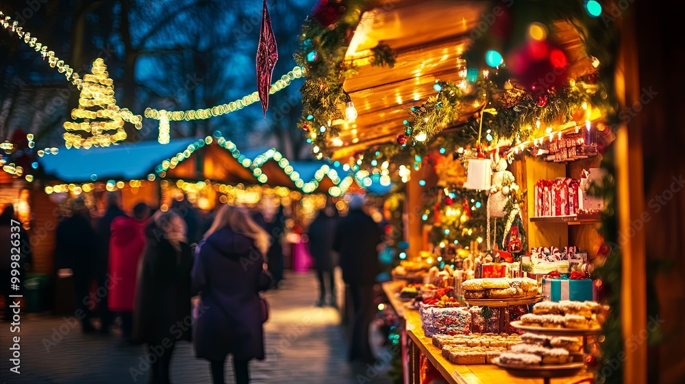 Naklejka premium A festive market scene illuminated with lights, showcasing stalls filled with holiday treats and decorations.