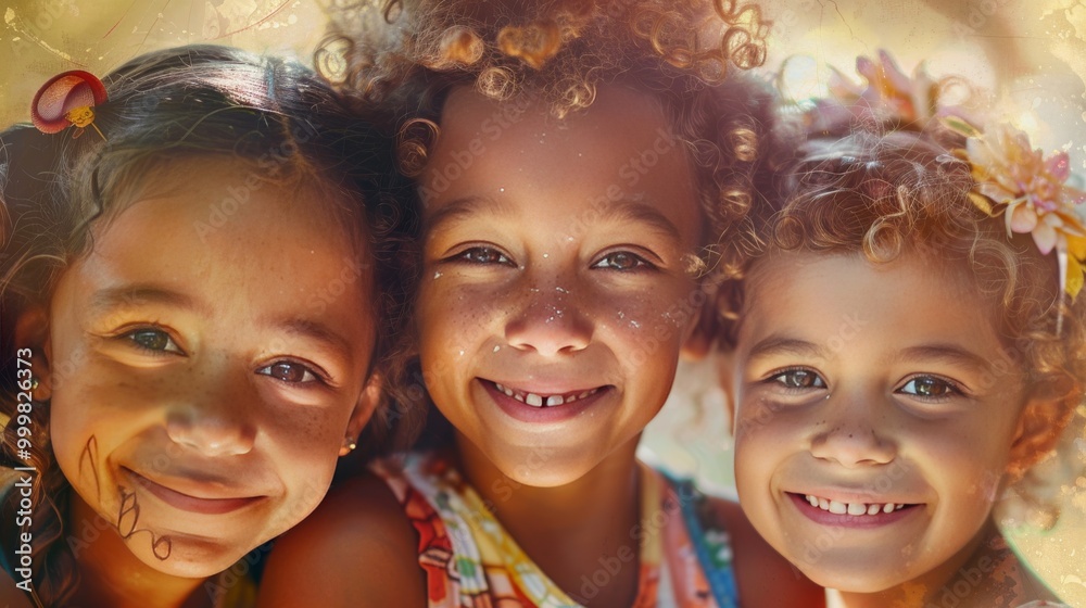 A portrait of three diverse children smiling together A portrait of three diverse children smiling together