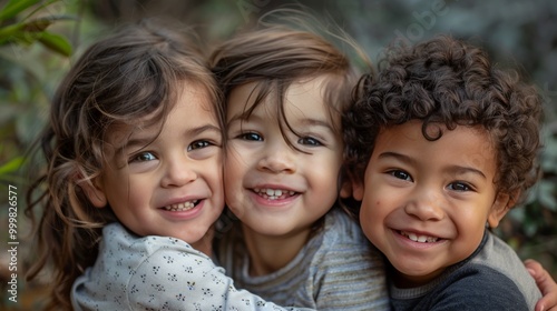 A portrait of three diverse children smiling together