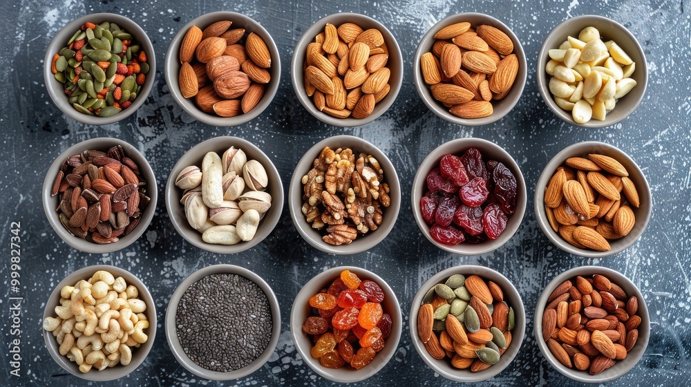 Assortment of nuts and dried fruits in small bowls on a rustic surface. Assortment of nuts and dried fruits in small bowls on a rustic surface.