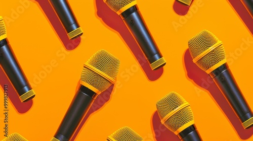 A row of microphones with yellow tips are arranged on a red background photo