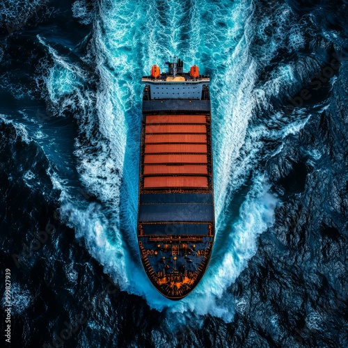 Aerial view of a cargo ship navigating through vibrant blue waters.