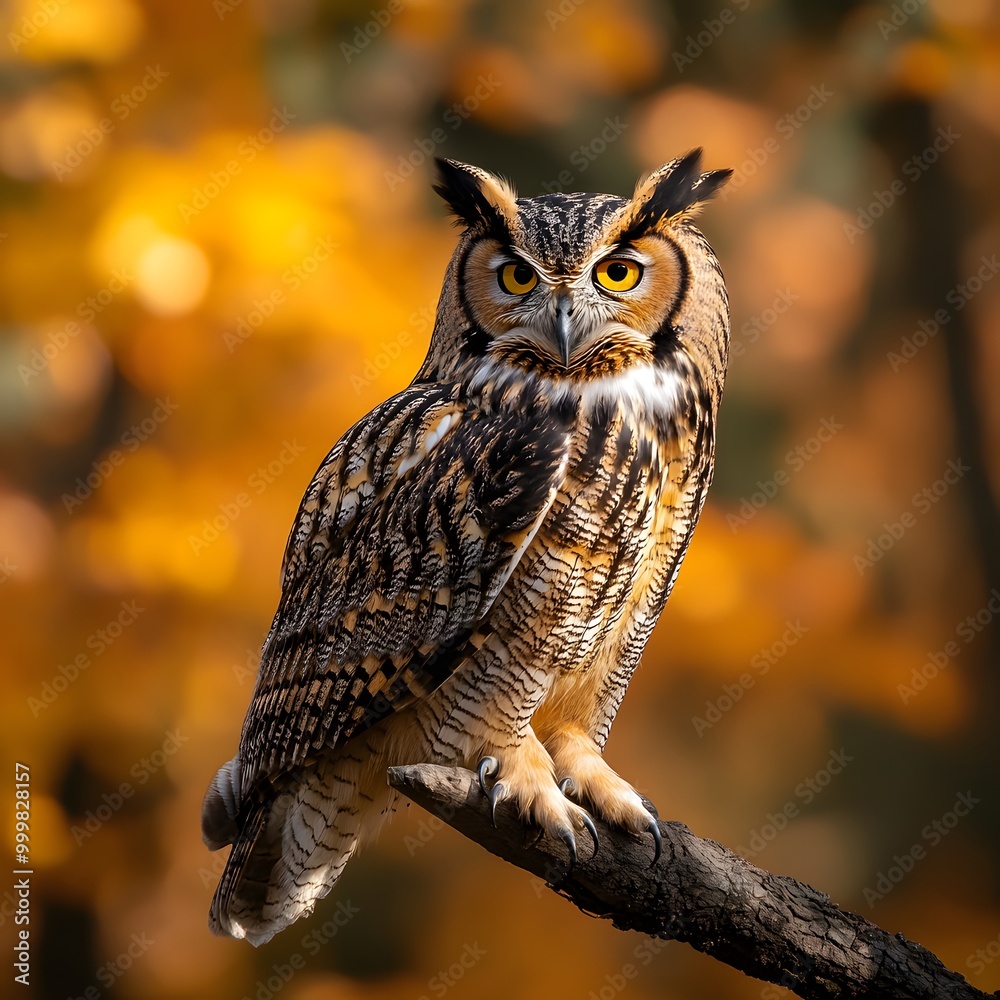 Obraz premium Great horned owl perched on a branch, showcasing its brown feathers, striking yellow eyes, and majestic presence as a wise predator in the wild