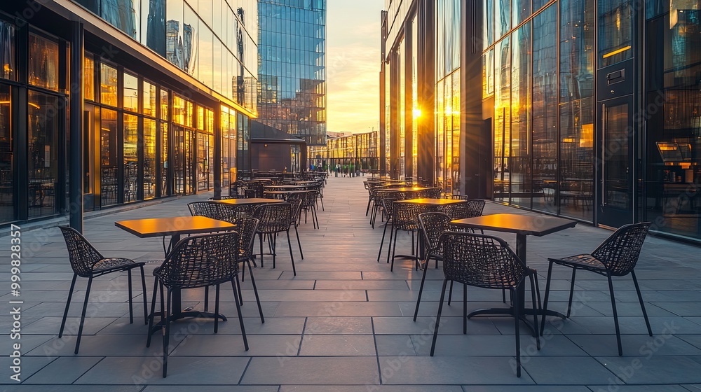 Naklejka premium A serene outdoor dining area at sunset, featuring empty tables and chairs surrounded by modern buildings.
