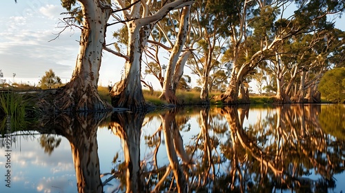 eucalyptus trees on banks of werribee river with reflection photo