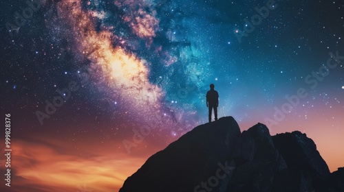 A man stands on a mountain peak, looking up at the stars