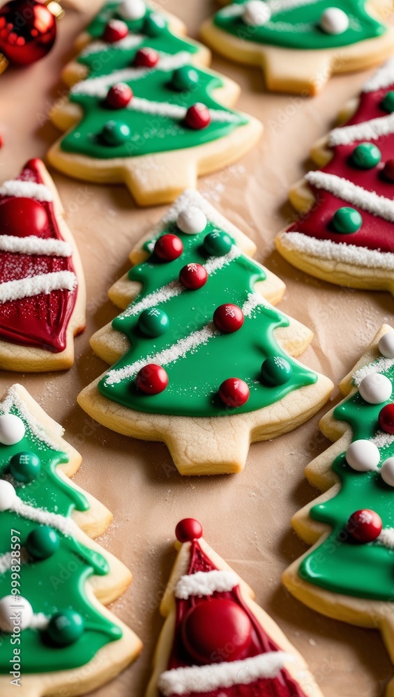 Christmas Tree shaped sugar cookies on a brown background. AI generated